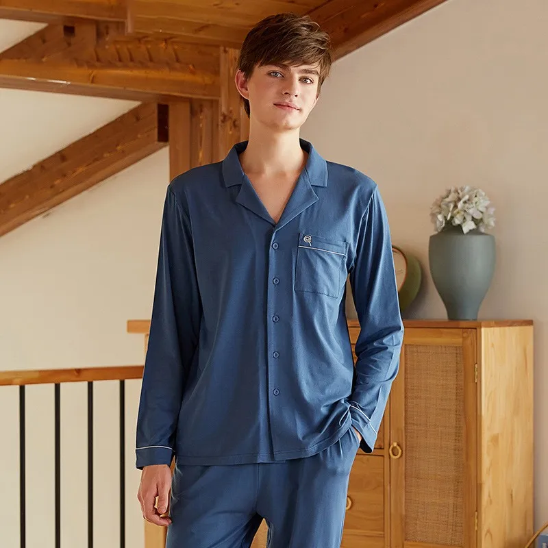 

Pajamas Spring Autumn Men Sleep Set 2PCS Sleepwear Soft Modal Nightwear Shirt&pant Casual Loose Pijamas Suit Homewear Negligee