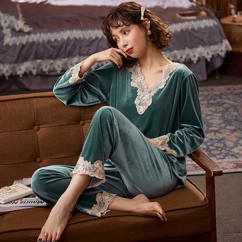 Пижамный комплект женский из 2 предметов милая велюровая ночная рубашка с