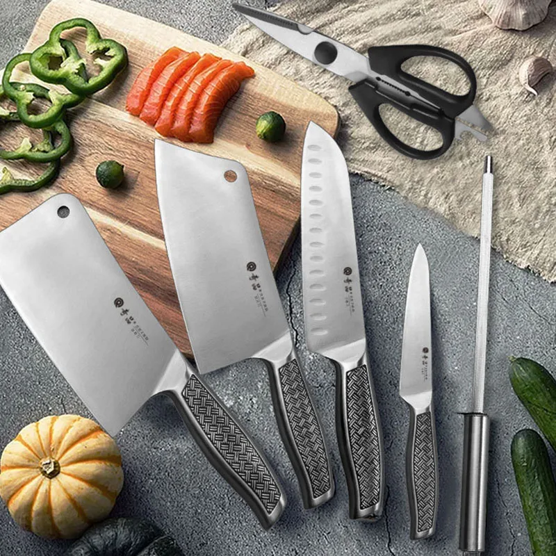 

6/7PCS Kitchen Knives Set Sharp Chef Cleaver Chop Utility Slicing Scissors Sharpener Santoku Knives Bone Meat And Poultry Tools
