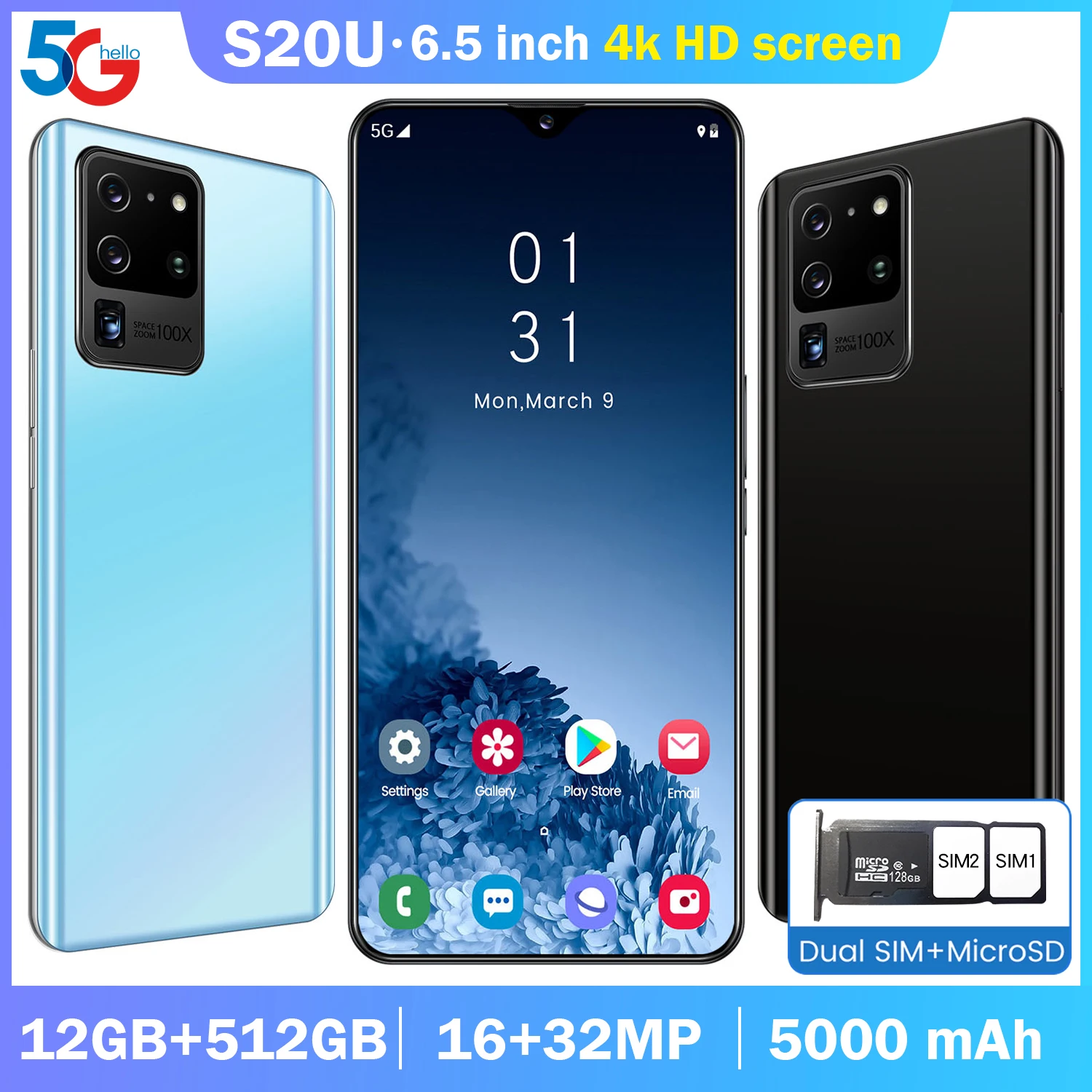

Global Fingerprint Unlock S20U 6.6 Inch Screen 5G Smartphone 12GB 512GB MT6889 Cpu 16MP 32MP Camera Face ID 5000mah Battery