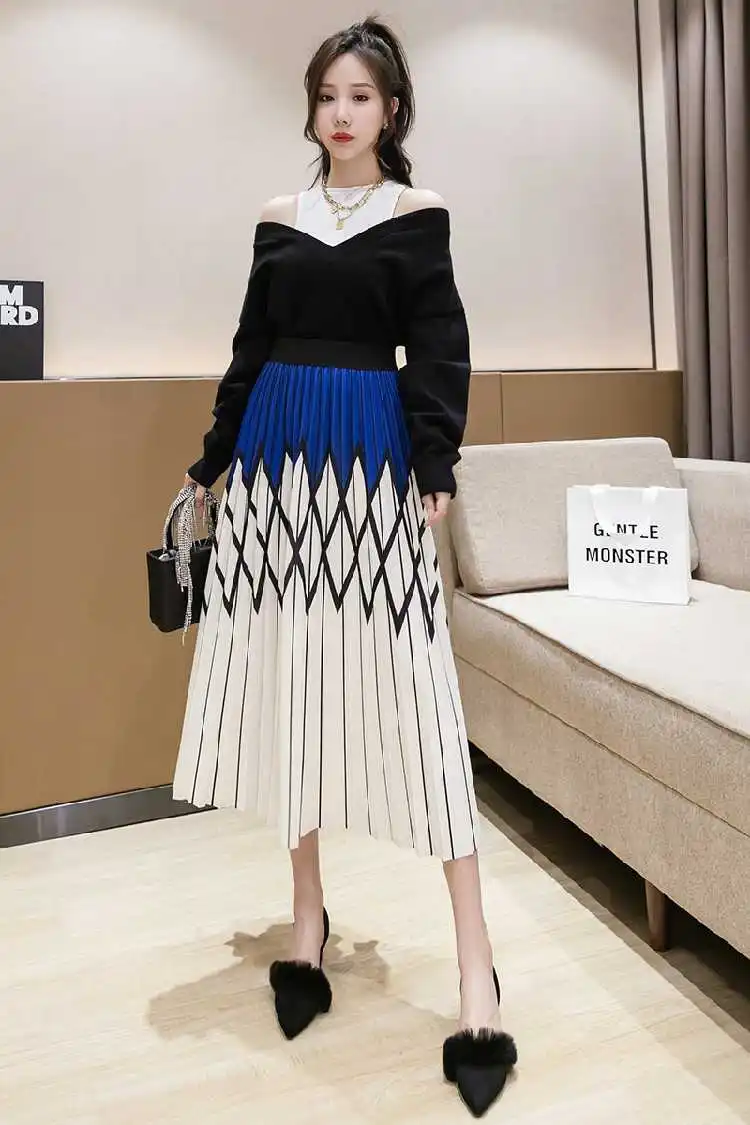 

ICCLEK JXMYY Rhombus striped half-length female autumn student fashion pleated mid-length large swing a-line contrast printe