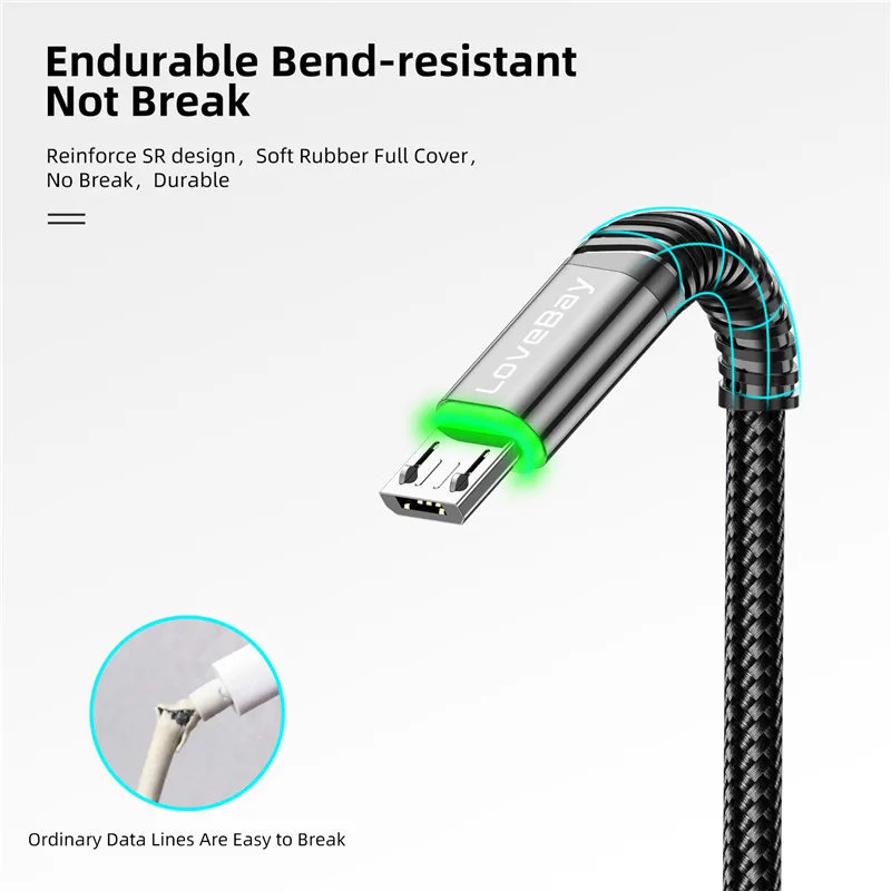 lovebay micro usb cable fast charging data cord for xiaomi samsung huawei android mobile phone charger 3a microusb charge wire free global shipping