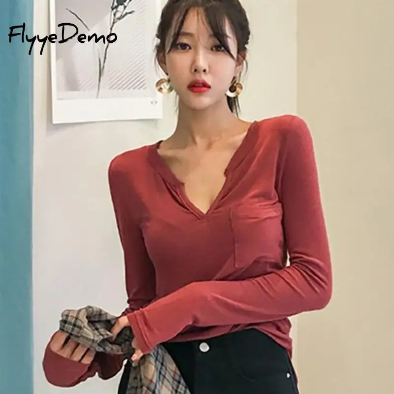 

Облегающая уличная футболка, женская сексуальная модная летняя женская футболка, однотонная Простая рубашка с длинным рукавом, женская ниж...