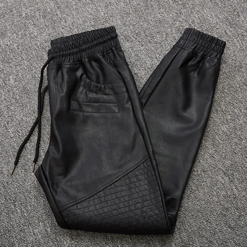 Мужские лоскутные брюки из ПУ кожи повседневные байкерские с поясом на шнурке