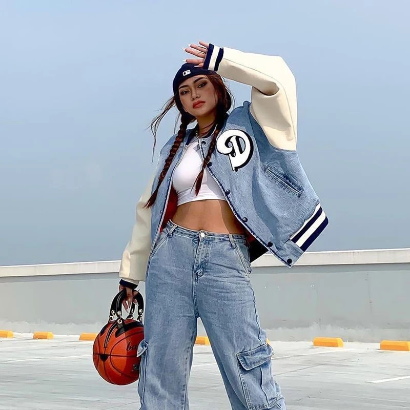 

Autumn Women Casual Y2K Color Block Denim Jackets Embroidery Letter Stripe Pattern Stand Collar Long Sleeve Outerwear Pockets