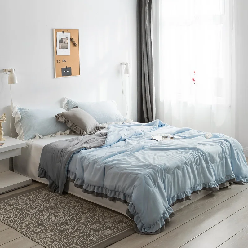 Хлопковое летнее одеяло с простым мытьем однотонное синее мягкое покрывало для