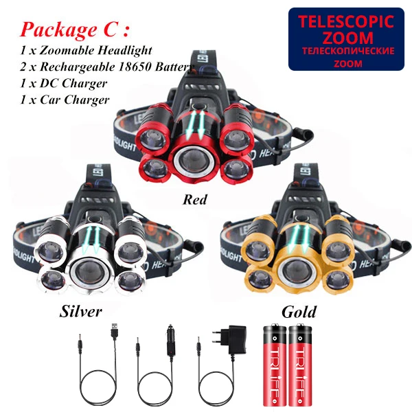 Package C Светодиодный налобный фонарь для рыбалки, ультра яркий, 5T6, налобный светильник с зумом, 18650, налобный фонарь, 4 режима, перезаряжаемый, налобный светильник для кемпинга - Испускаемый цвет: Package C