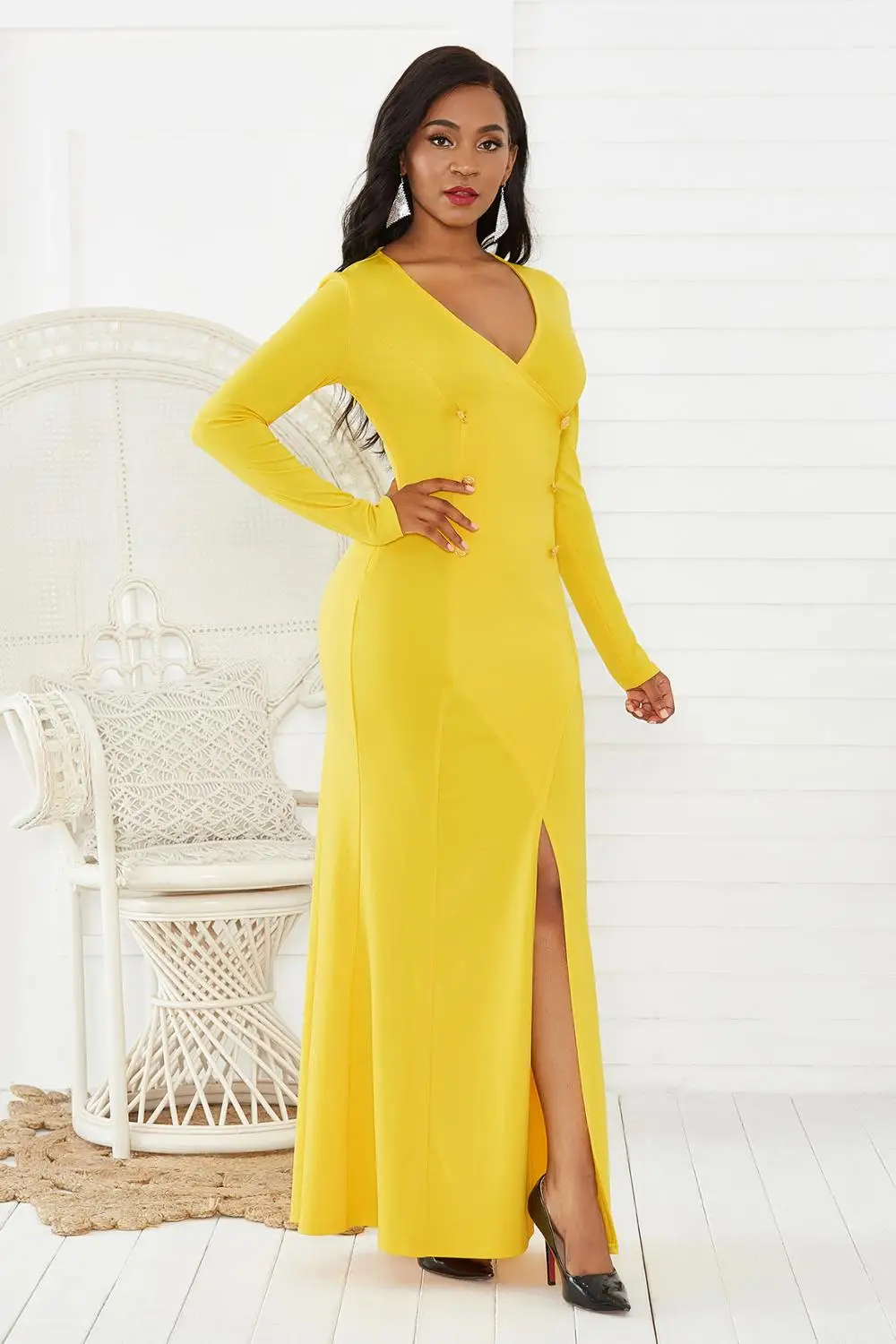 

Women Vintage A Line High Split Long Dress Yellow Buttons V Neck Long Sleeve Elegant Night Party Maxi Dress Package Hip Vestiods