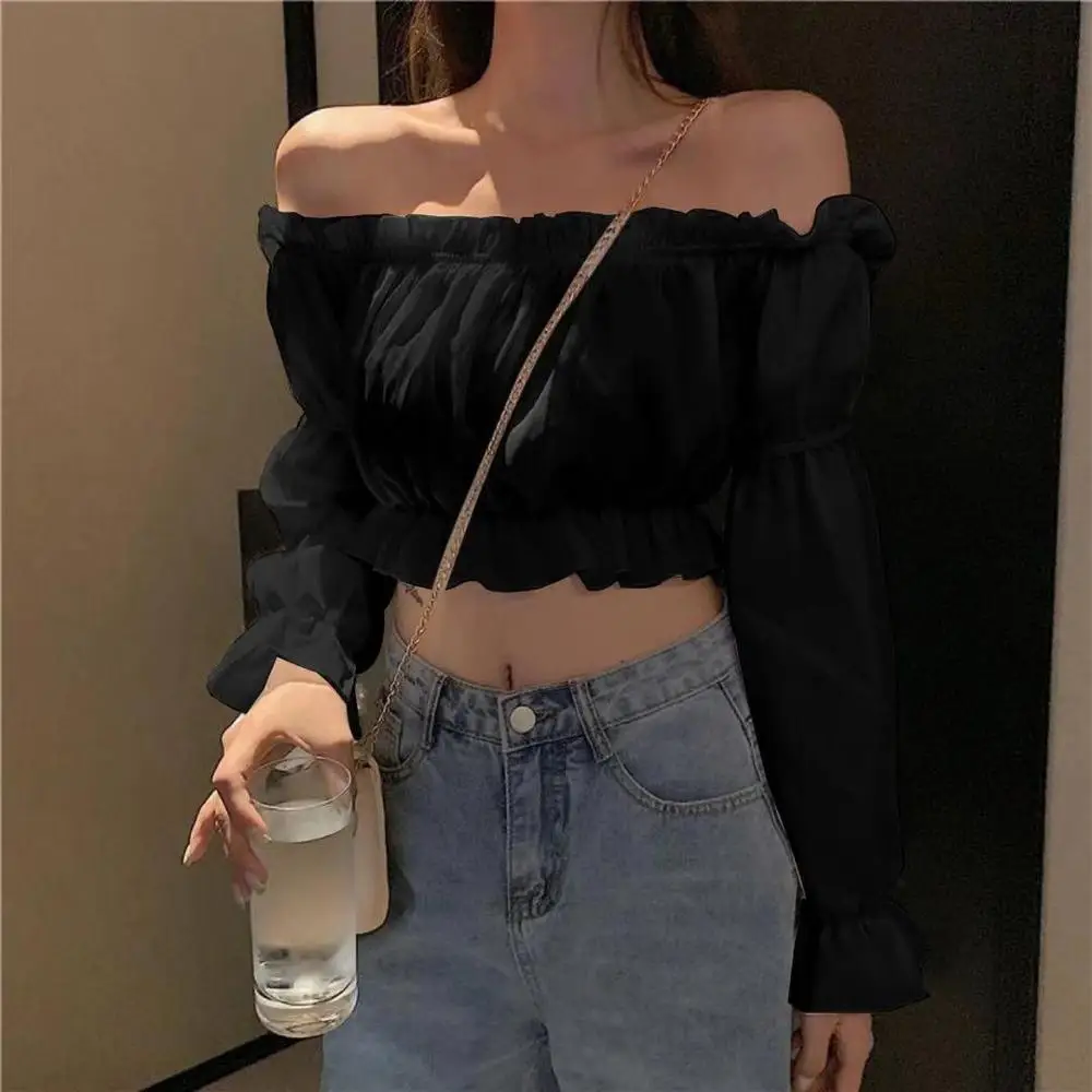2021 New Off Shoulder Top Women Sexy Blouse Long Sleeve Solid Shirt Female Puff Sleeve Ruffle Tunic Crop Top Summer Tube