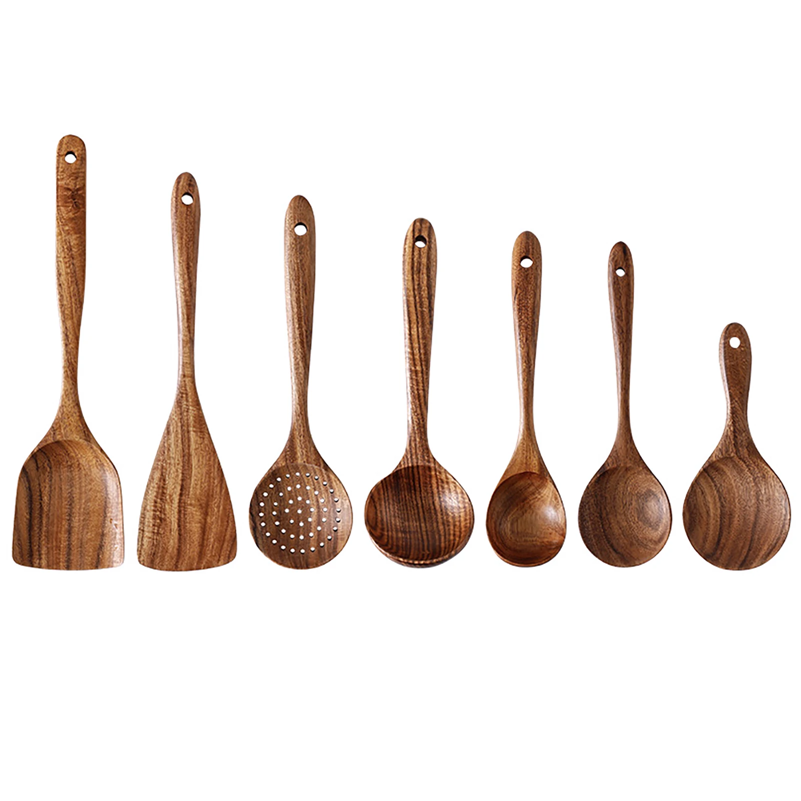 

7pcs Spoon Tool Reusable Kitchen Tableware Set Soup Cooking Skimmer Turner Teak Wood Natural Colander Rice Scoop