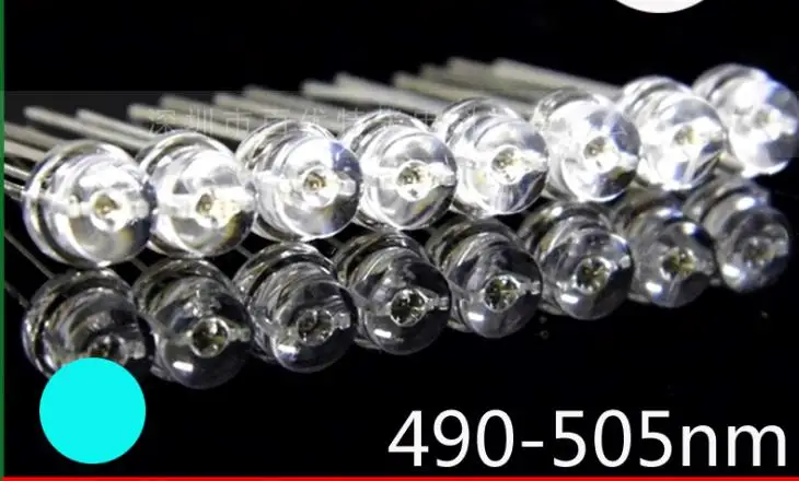 

Through Hole Straw Hat 5mm Cyan LED Diode 490-505nm