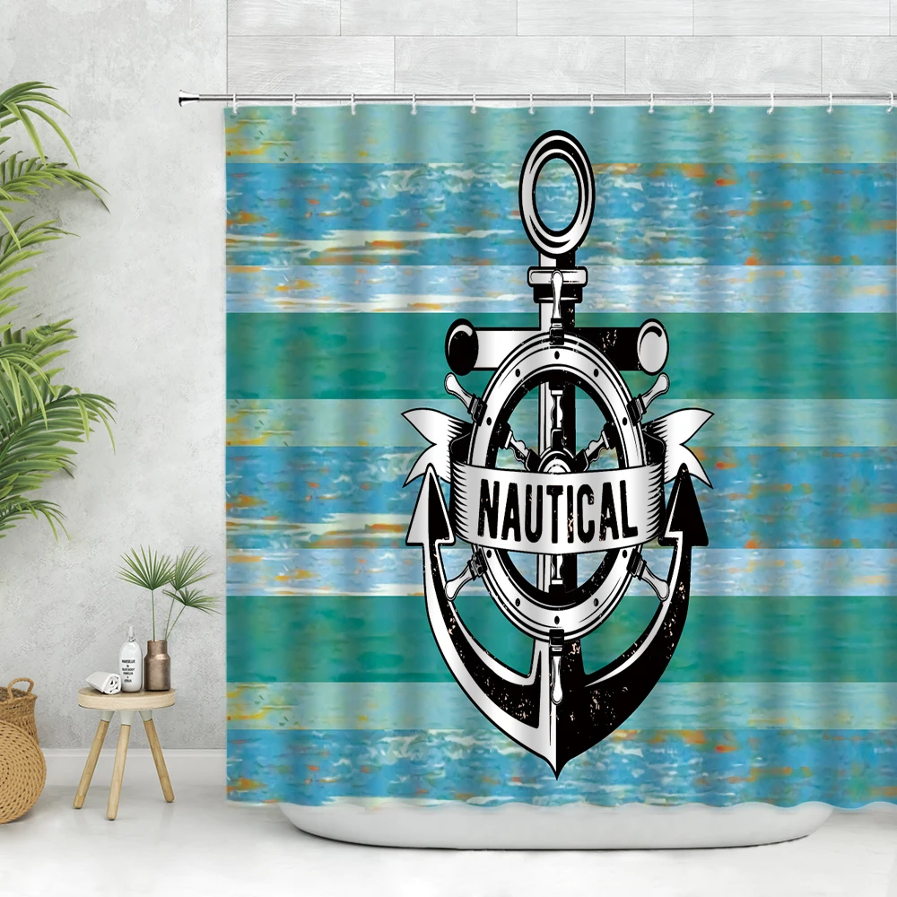 

Anchor Shower Curtain, Timeworn Marine on Weathered Wooden Planks Rustic Nautical Theme, Cloth Fabric Bathroom Decor Teal Brown