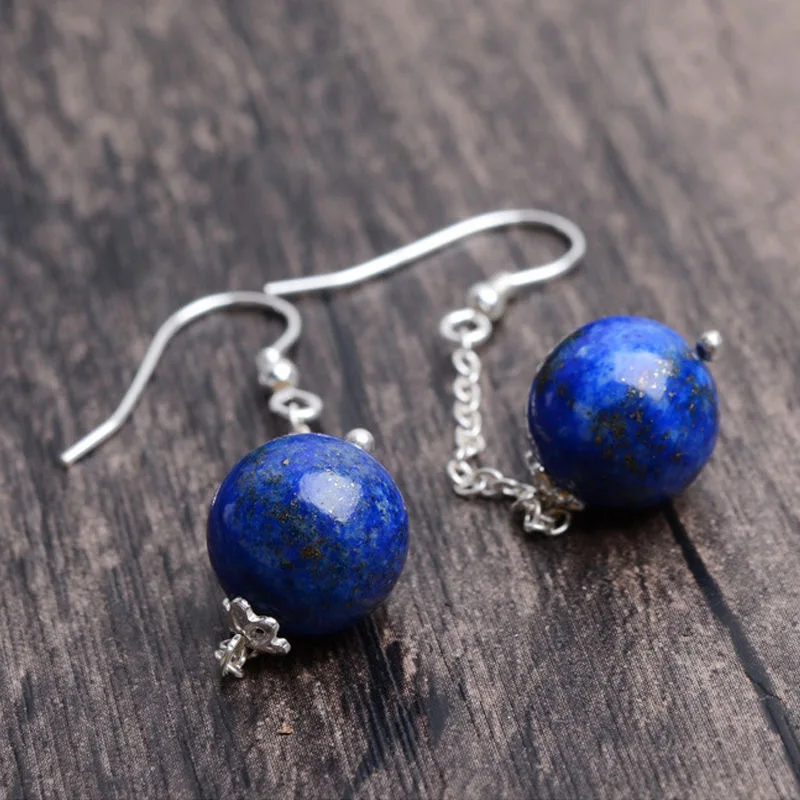 925 Silver Natural Lapis Lazuli 8-10mm Beads Earrings Original Simple Jade Pulp Bead Handmade Gift Women Fine Stone Jewelry New | Украшения
