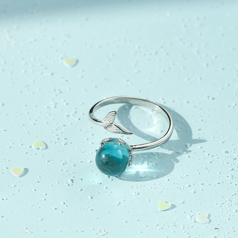 Оптовая продажа серебристые открытые кольца с синим кристаллом в форме русалки