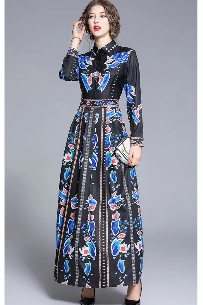 long sleeve Качественное модное дизайнерское подиумное платье летнее женское с коротким рукавом винтажное с цветочным принтом повседневное элегантное платье черного цвета - Цвет: long sleeve