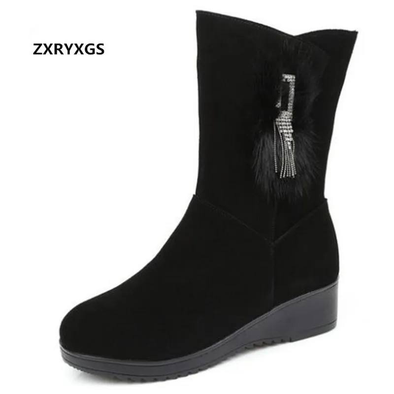 

Newest Real Rabbit Hair Tassel Scrub Cowhide Leather Boots Flat Wedges Comfort Warm Snow Boots In-tube Martin Boots Women Boots