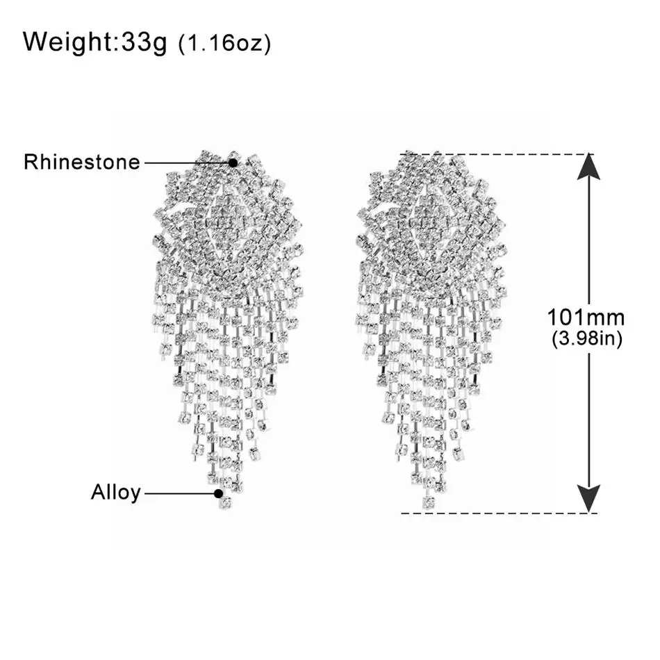 Женские свадебные висячие серьги Minlover большие с ниспадающими кисточками стразы