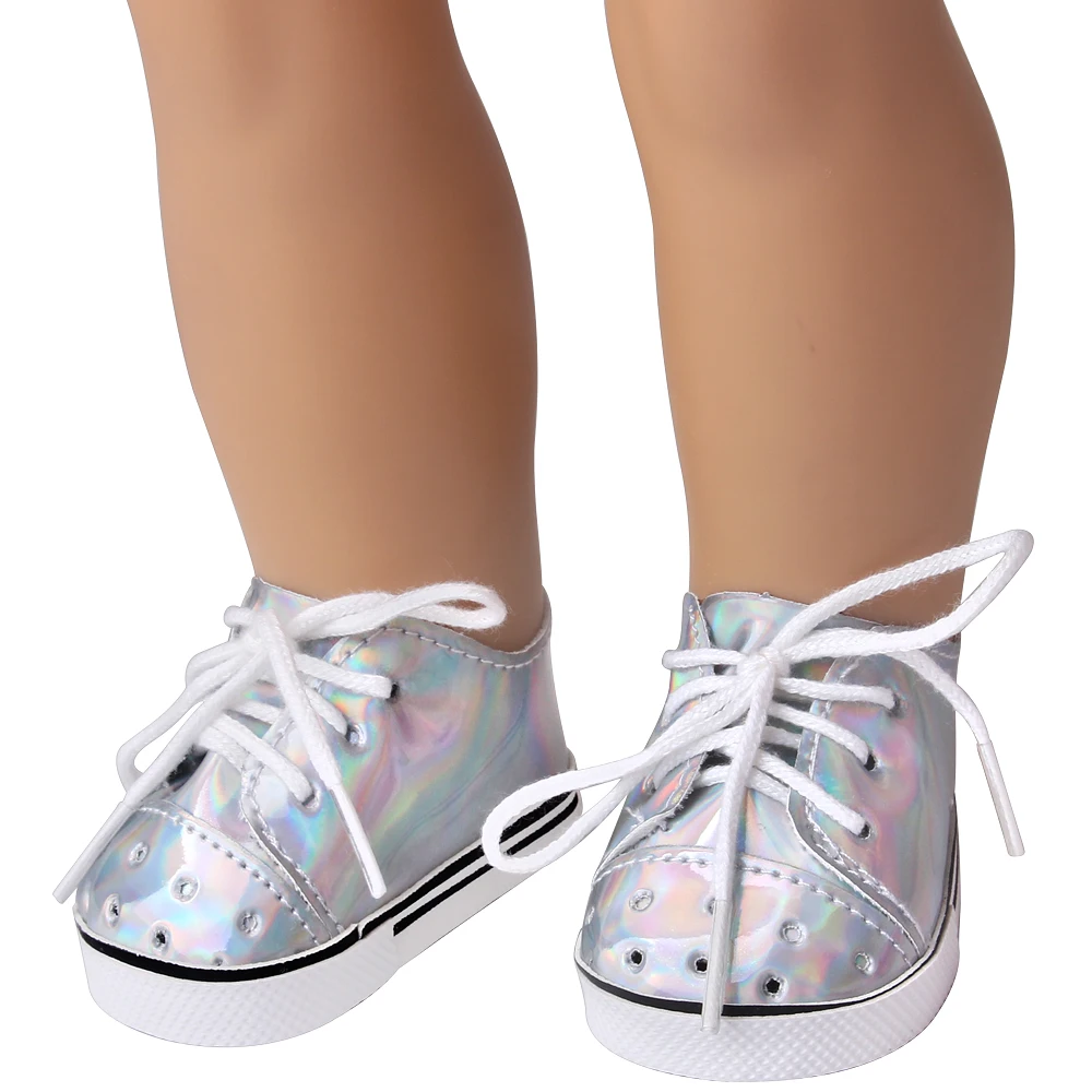 

18 Inch American Doll Girls Shoes Silver Laser Lace-up Shoes Born Baby Toys Accessories Fit 43 Cm Boy Dolls Gift E22