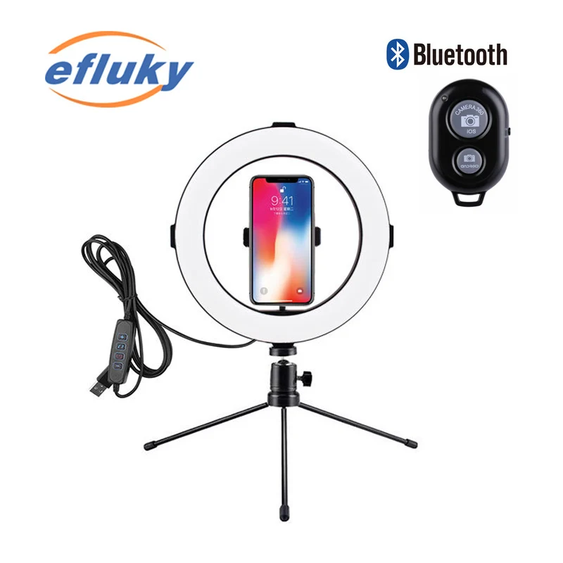 Светодиодный светильник для селфи 26 см с регулируемой яркостью для камеры, кольцевая лампа для телефона с подставкой, штативы для макияжа, в...