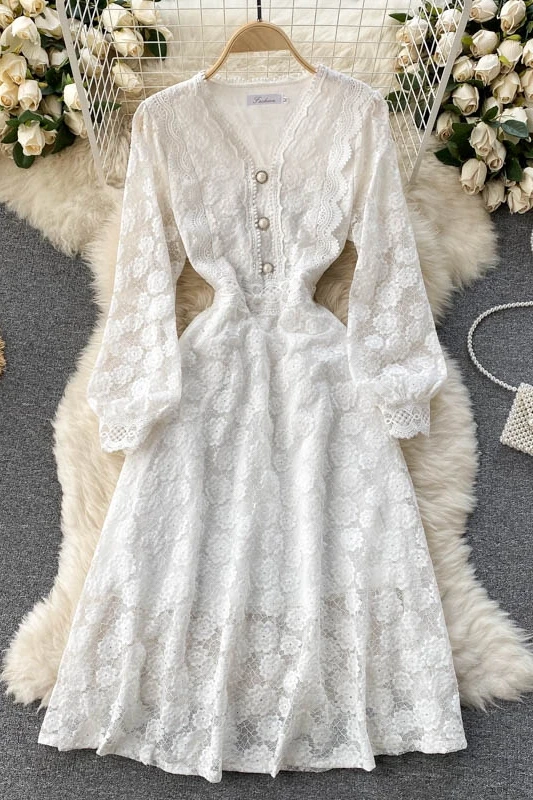 

2021 French Gentle V-neck Puff Sleeve Hollow Out Full Waist Slim Big Swing Mid-Calf A Line Dress for Women