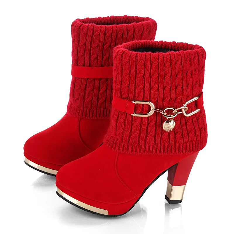 New winter 2019 boots with chunky heels high ground wool mid-leg large size 43 Martin |