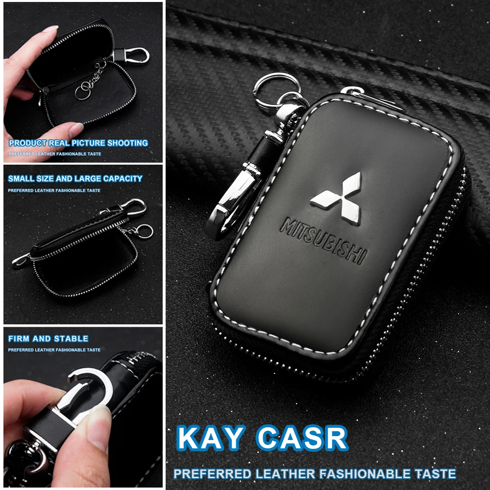 

Genuine Leather Key Wallets Zipper Car Key Holders Buckle For Mitsubishi ralliart Lancer 9 10 Asx Outlander 3 Pajero Sport