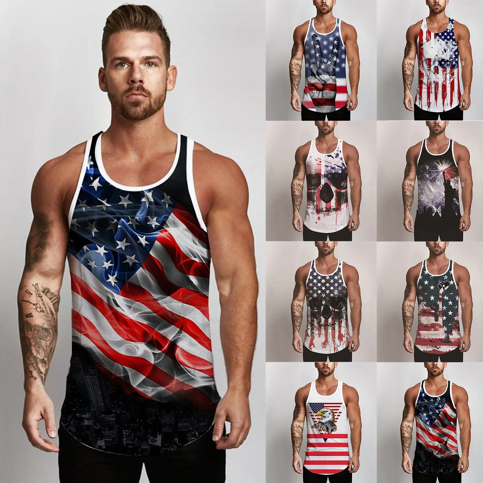 

2021 Fashionale Men's Independence Day Print O-Neck Sleeveless Sexy Blouse Vest Tank Tops Men Stripped Sports Casual Fitness