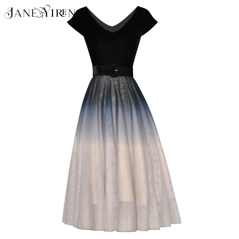 

JanYiren Fashion Designer Dress Summer Women Short sleeve V-neck Velvet lace-up Patchwork Mesh Elegant Ball Gown Dresses