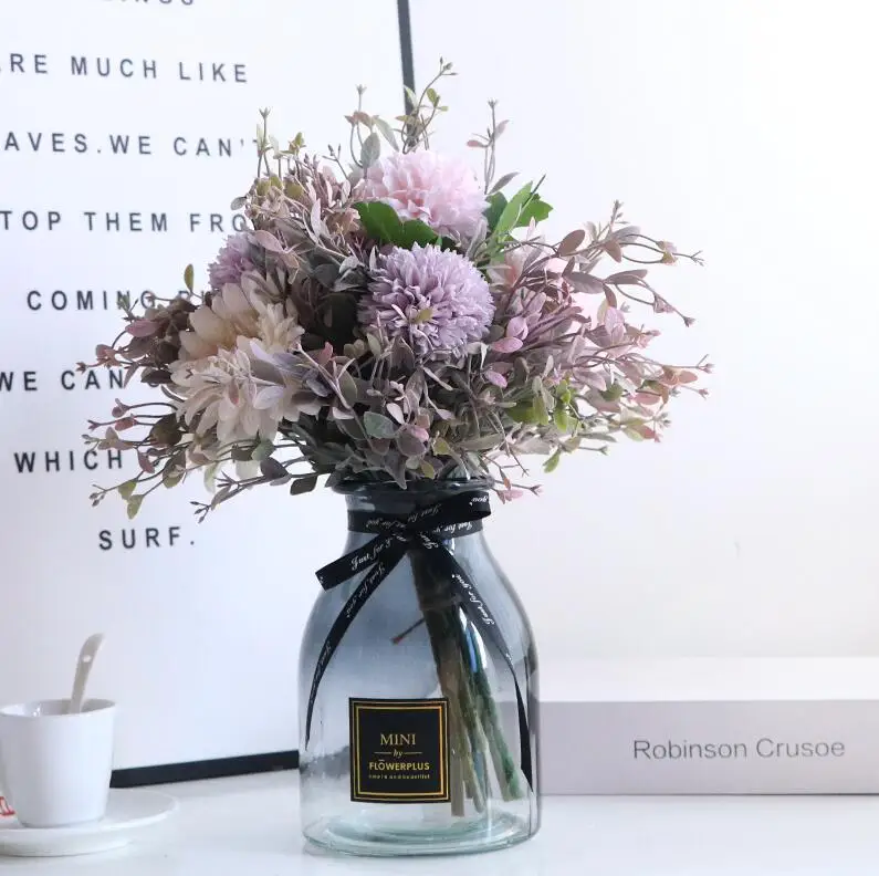 Современная стеклянная ваза + набор искусственных цветов статуэтки домашний