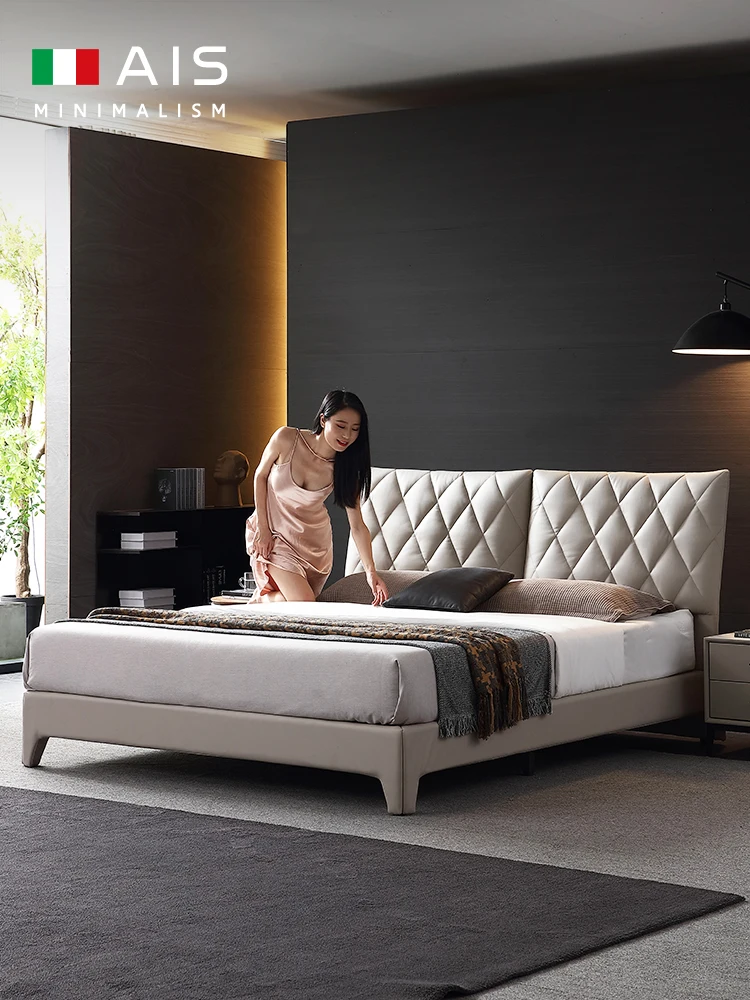 

Minimalist leather bed net celebrity big bed master bedroom new 1.8m 2m 2.2m modern light luxury beige nappa leather bed