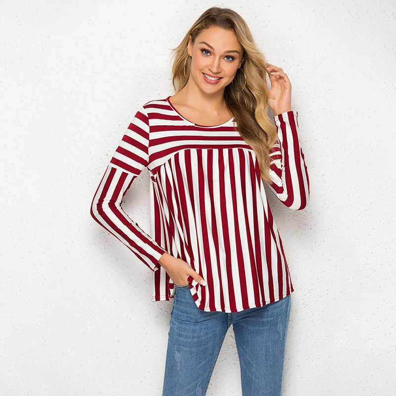 Повседневная Женская Красная белая полосатая футболка с длинным рукавом