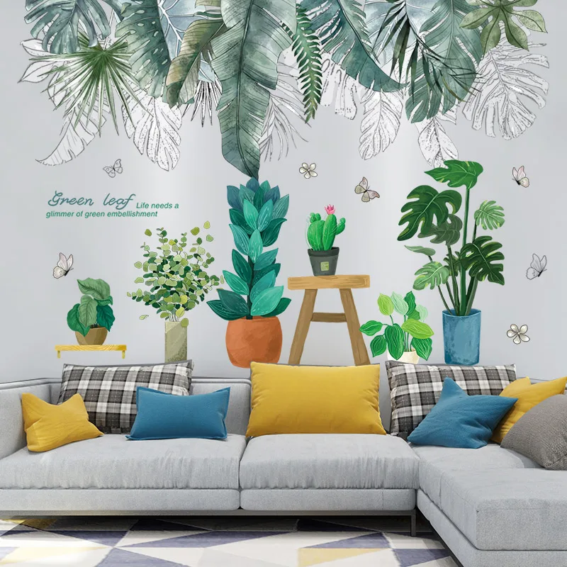 

Tropical Leaves Wall Stickers DIY Potted Plants Mural Decals for Living Room Children Bedroom Nursery Kitchen Home Decoration
