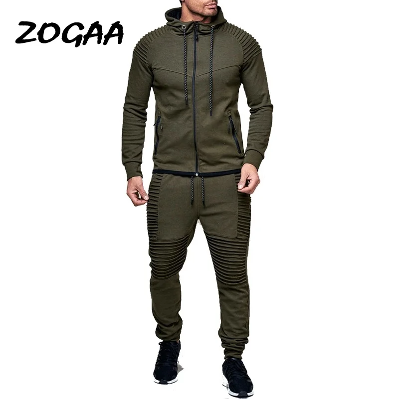 

ZOGAA 2 Pieces Sets Tracksuit Men New Brand Autumn Winter Hooded Sweatshirt +Drawstring Pants Male Stripe Pure Color Hoodies