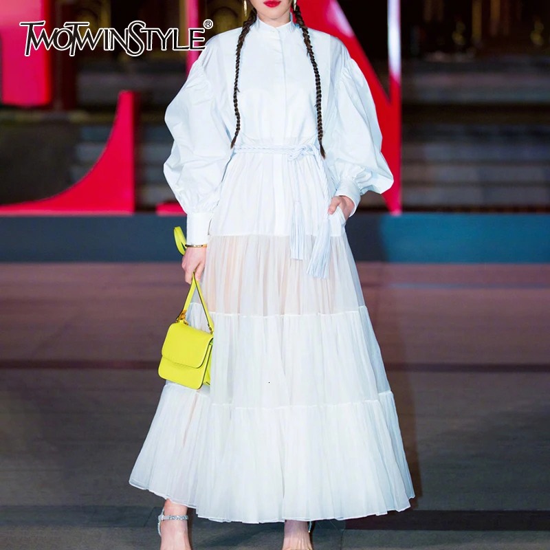 Платье TWOTWINSTYLE с длинным рукавом и высокой талией на шнурках|Женские платья| |