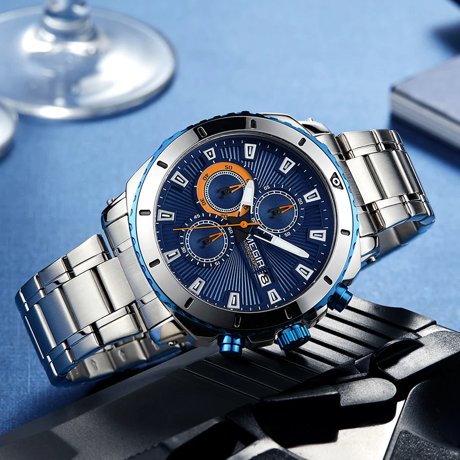 MEGIR Chronograph Quartz Mens Watches Luxury Brand Stainless Steel Business Wrist Men Clock Time Relogio Masculino | Наручные часы