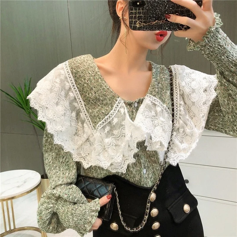 Женская блуза с длинным рукавом кружевной топ воротником Питер Пэн и длинными