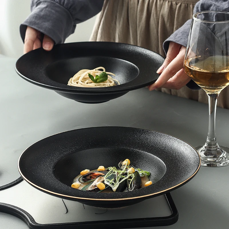 

Pasta Dinner Set Plates and Dishes Dinnerware Black Ceramic Plates Dinner Salad Bowl Talerze Obiadowe Dinner Plates BG50DP