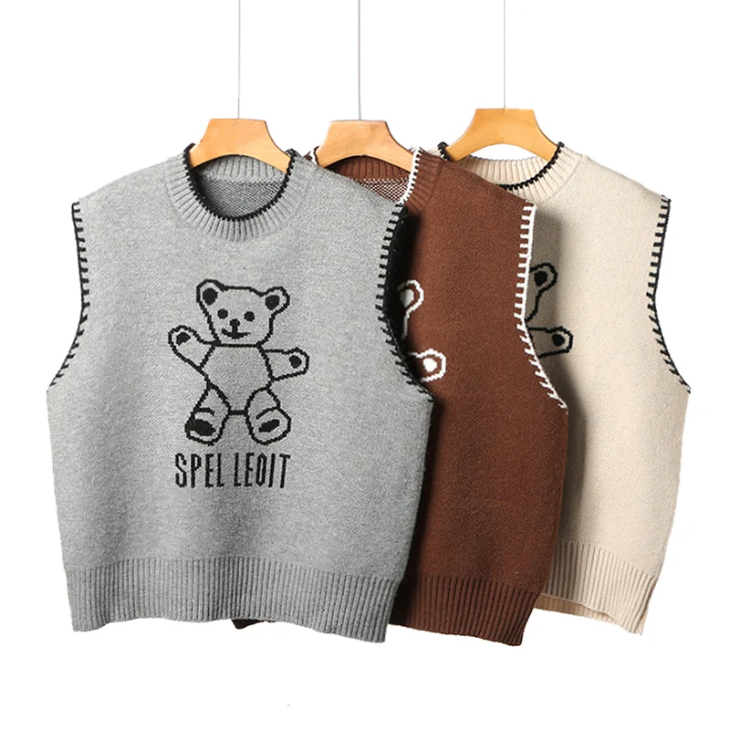 

Chic Korean Cute Bear Sweater Vest for Women Spring Winter Pullover Knitted Vest Sleeveless Tops Jecket Gilet Femme