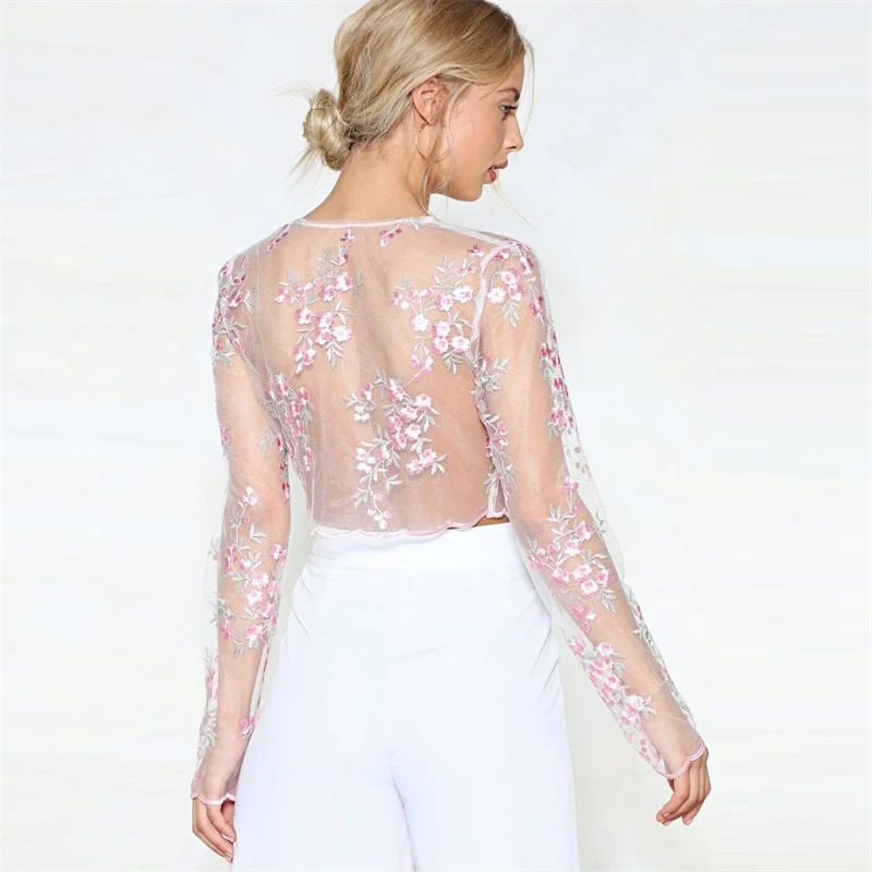 Женская прозрачная сетчатая блузка с цветочной вышивкой короткая длинным