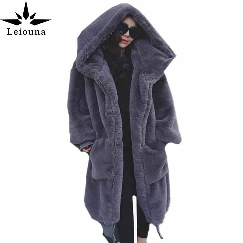 Leiouna Casual Thick 2021 Hot Women's Fake Rabbit Fur Long Coats Female Hooded Winter Warm Fur Fashion Party Jackets Overcoats