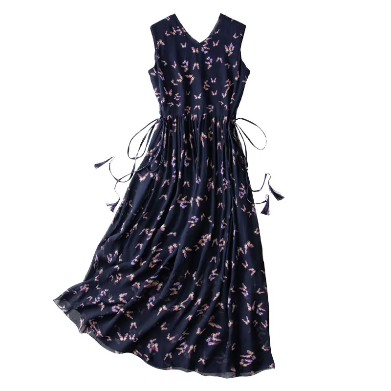 

SHUCHAN Prairie Chic 100% Silk Maxi Tank Dresses for Women V-Neck Summer Ankle-Length Sleeveless vestido de mujer