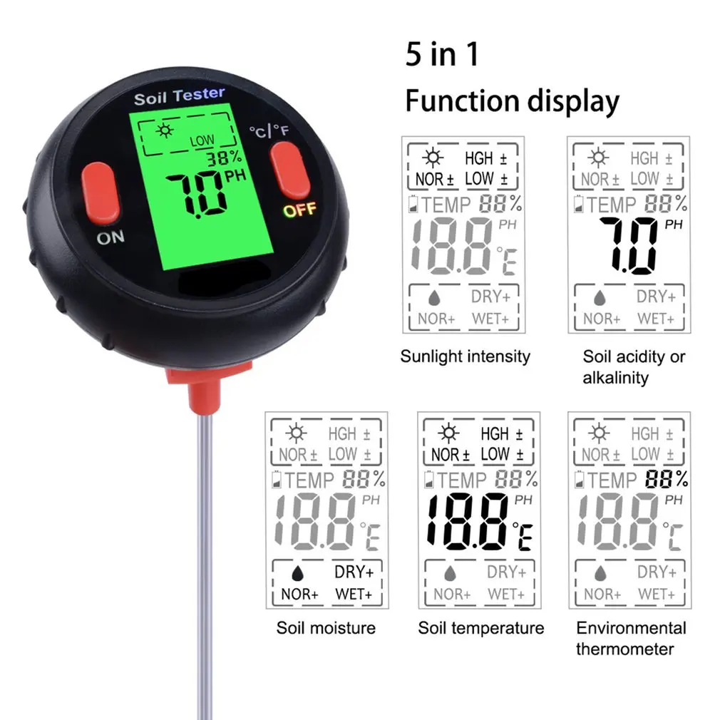 

5-in-1 Soil Tester Moisture Meter Digital Sunlight PH Tester Plant Humidity Tester Thermometer For Gardening And Plant
