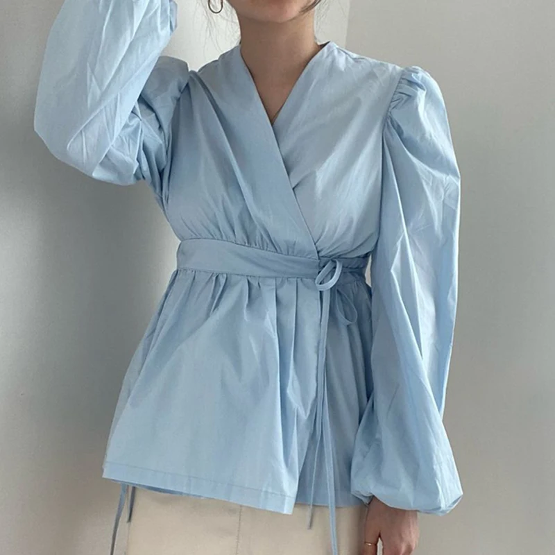 

ZCSMLL Korea Chic Autumn Loose Solid Color Blouses V-neck Cross Design Lace-up Waist Puff Sleeve Shirt Women Tops