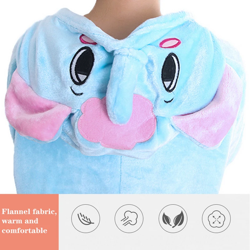 

2021 Flannel Sleepwear One Piece Cartoon Blue Elephant Couple Home Wear Pajamas For Women Autumn Winter Onesie Jumpsuit