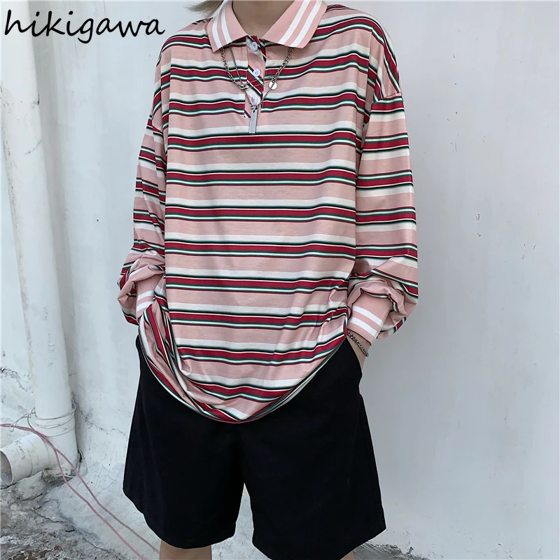 

Футболка Hikigawa женская оверсайз, полосатый Топ с длинным рукавом, модная рубашка в Корейском стиле, Студенческая одежда с отложным воротнико...