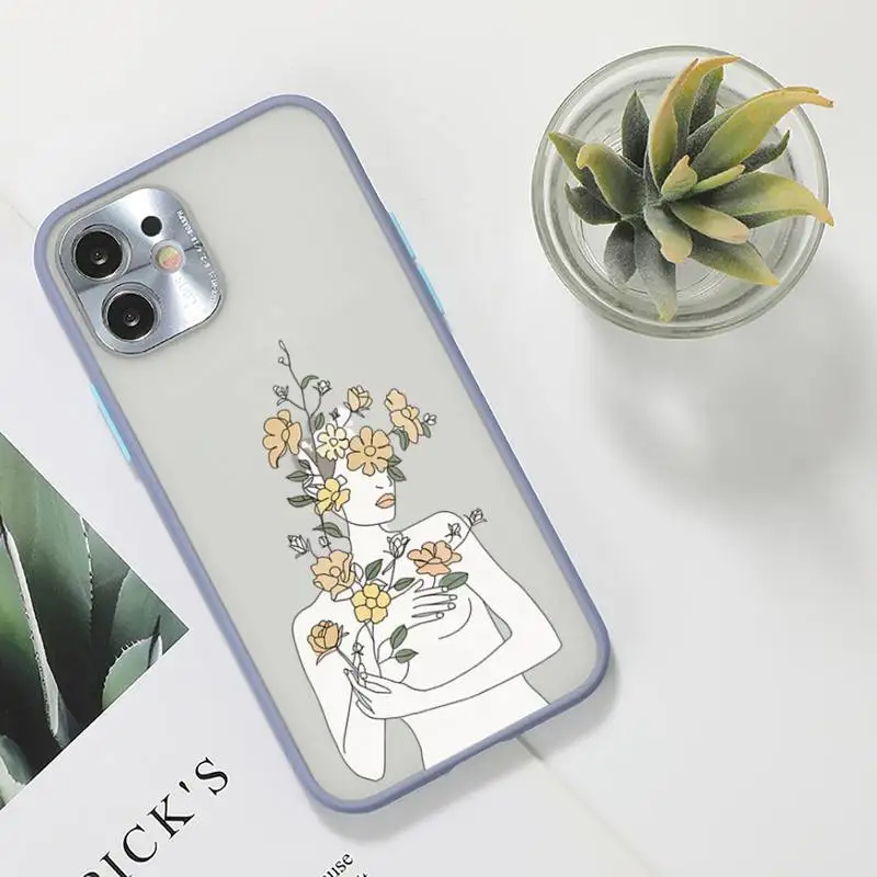 

Art line Retro Abstract Geometry leaves Phone Case For iPhone 12 11 Mini Pro XR XS Max 7 8 Plus X Matte transparent