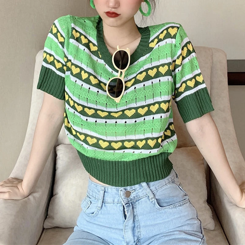 Женский полосатый ажурный зеленый укороченный свитер новые летние трикотажные