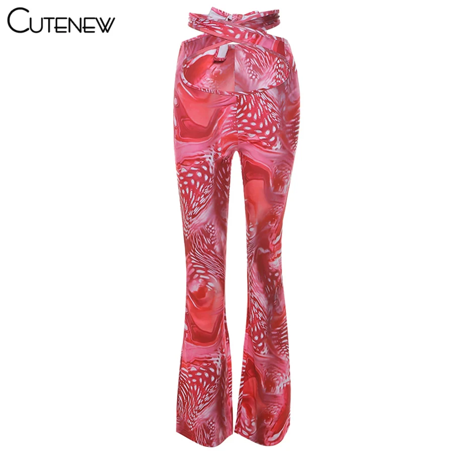 

Cutenew Fashion Sexy Printing High Waist Flare Pants Women 2021 Summer Casual Club Streetwear Simple Slim Stretch Female Trouser