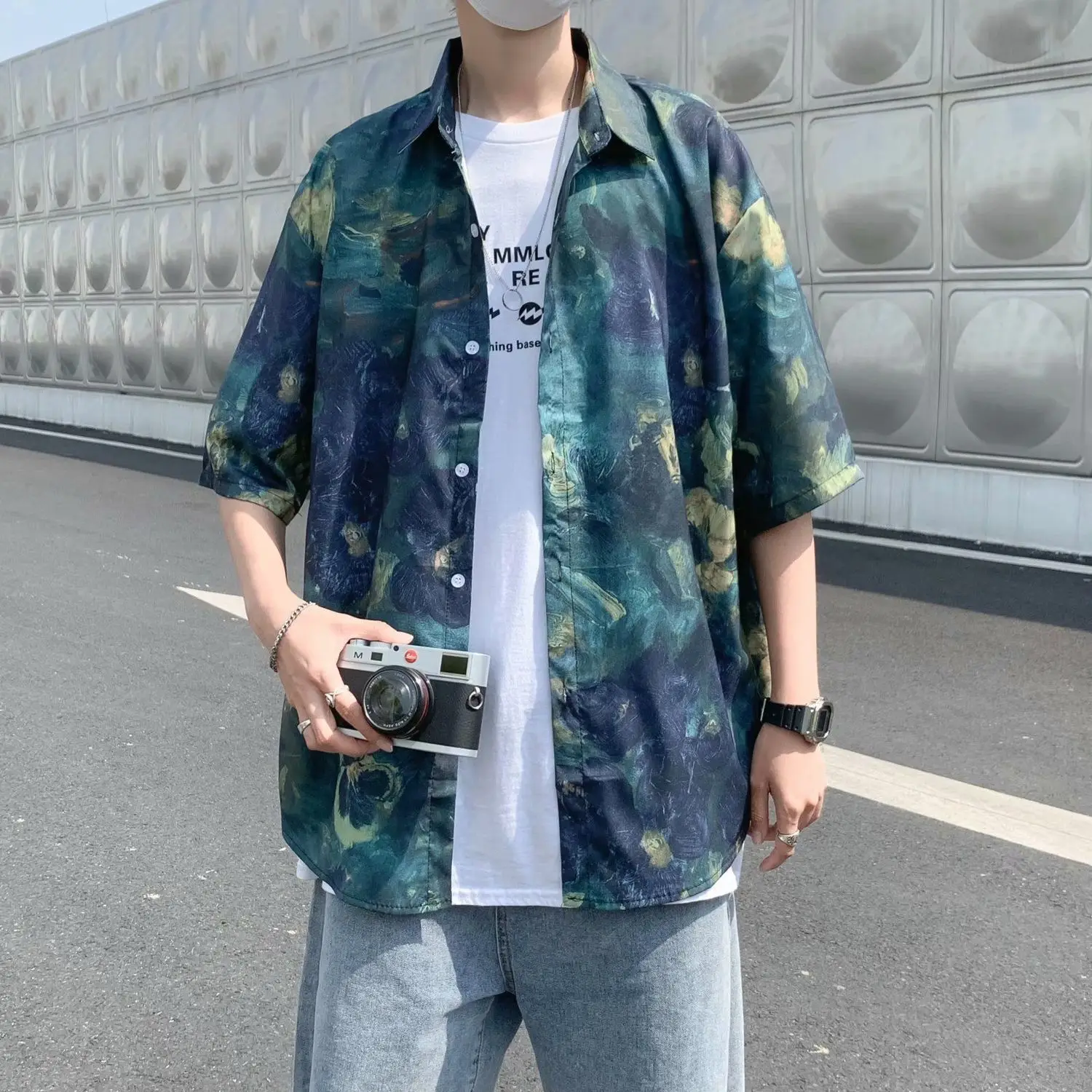 

Рубашка Tie-dye мужская с короткими рукавами, Новинка лета 2021, тонкая пятицентовая рубашка в гонконгском стиле, Повседневная Свободная красива...