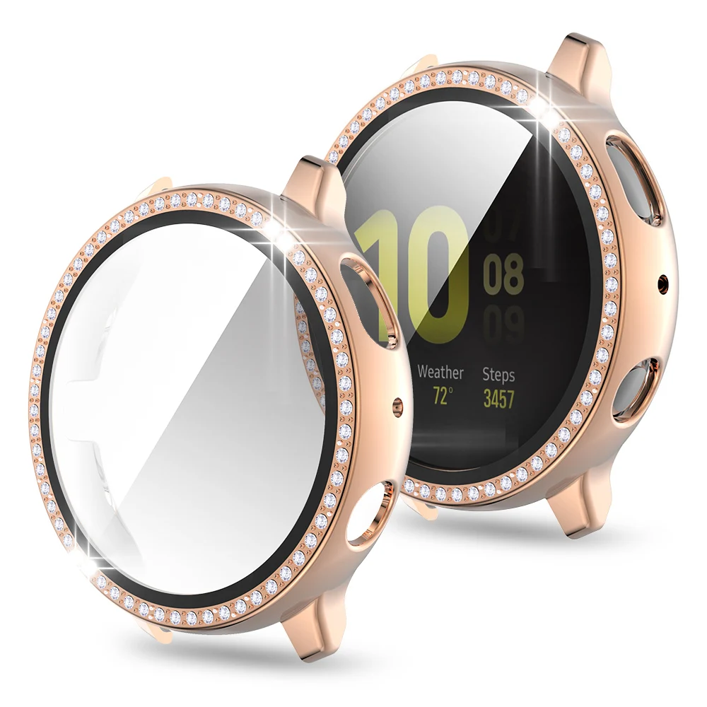 

Стеклянная пленка, чехол из поликарбоната для Samsung Galaxy Watch 6 5 4 Active 2, Обложка 40 мм 44 мм, Женская защита для экрана со стразами, жесткий бампер